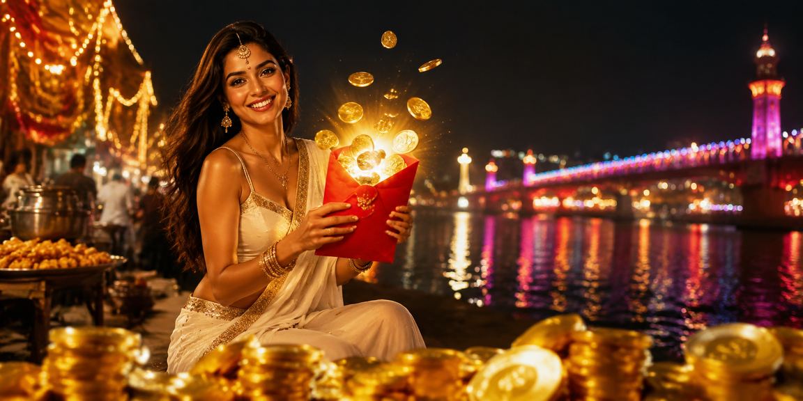 Indian woman holding lottery ticket near Ahmedabad riverfront in festive attire
