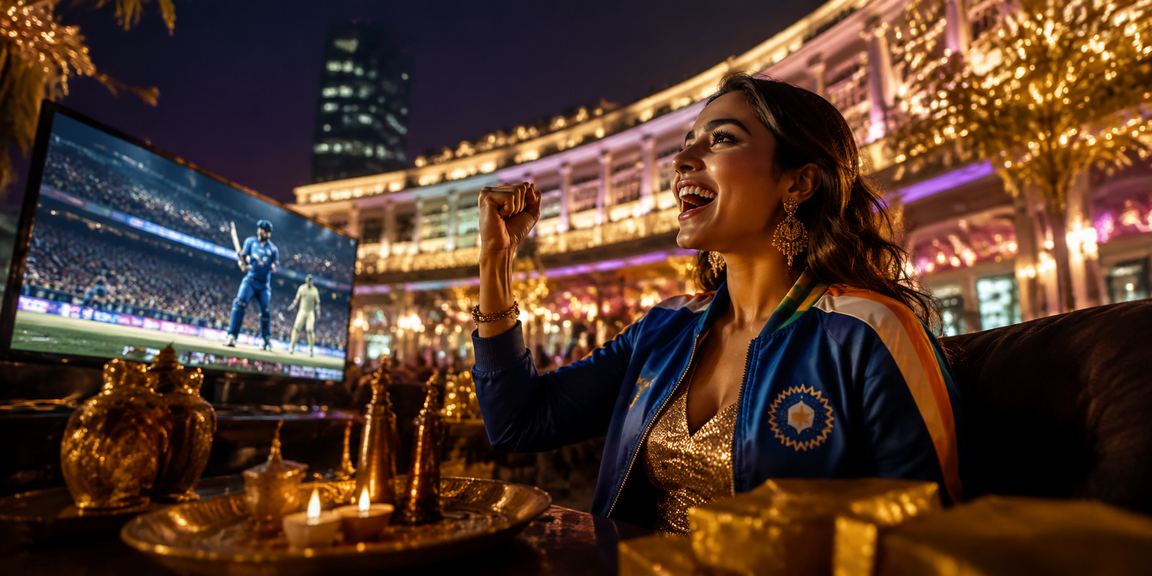IPL cricket match promotions in Delhi market decorated with vibrant lights